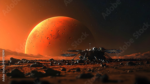 A spacecraft lands on a red...