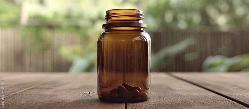 Pill bottle made of glass on a brown wooden table Attractive brown backdrop. with copy space image. Place for adding text or design Pill bottle made of glass on a brown wooden table Attractive brown backdrop. with copy space image. Place for adding text or design