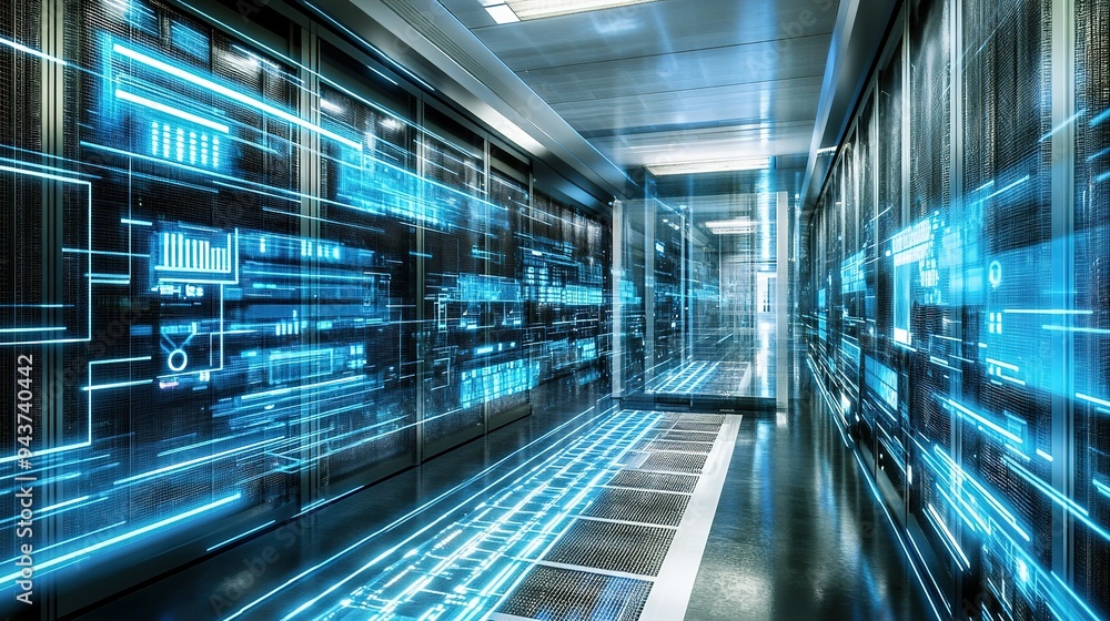 Fototapeta premium A futuristic data center corridor illuminated by blue light, showcasing advanced technology and digital interfaces in operation