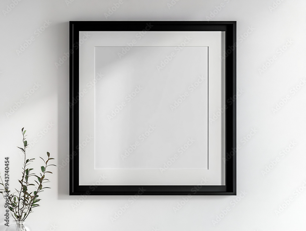 A blank black frame with is hanging on the wall A blank black frame with is hanging on the wall