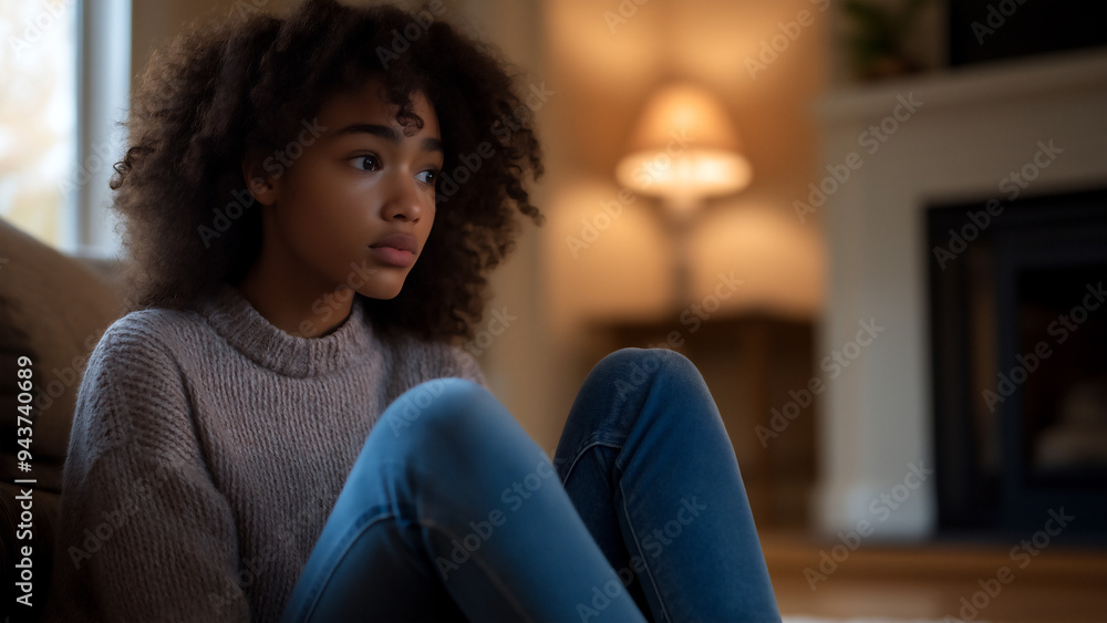 A young woman sits alone in her living room, looking pensive and sad as she watches TV. A young woman sits alone in her living room, looking pensive and sad as she watches TV.