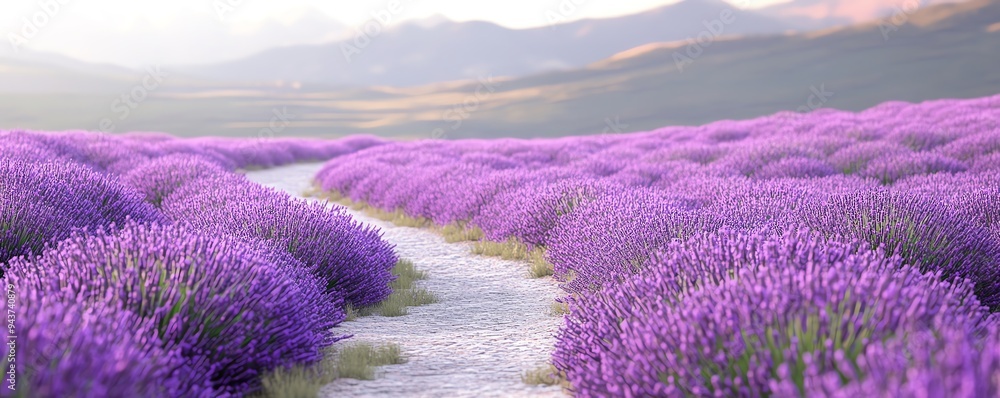 Obraz premium A road through a field of lavender, colorful and fragrant, serene landscape, isolated on white background