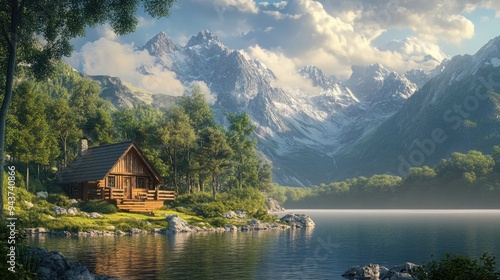 A cozy cabin overlooking a serene lake and mountains, capturing the beauty of nature