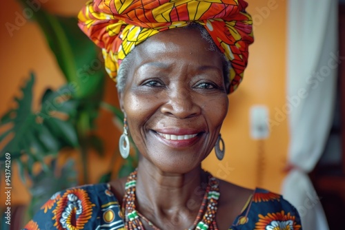 Happy African woman celebrates Mothers Day at home.