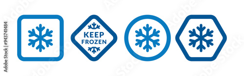 Keep frozen food vector labels. Blue snowflake flat icon symbol for packages, stickers, web, badges, logo, banner, poster.