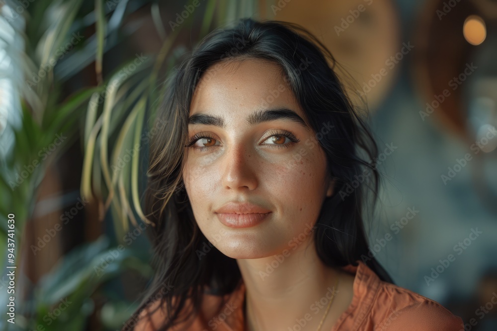 Fototapeta premium Confident Latin woman gazes at camera portrait.