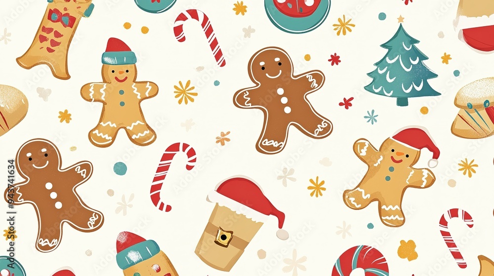 Obraz premium Festive holiday pattern featuring gingerbread cookies, candy canes, and cheerful decorations on a light background