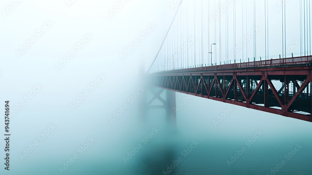 Fototapeta premium A serene and mysterious landscape where a bridge fades into the misty fog creating a sense of uncertainty and contemplation