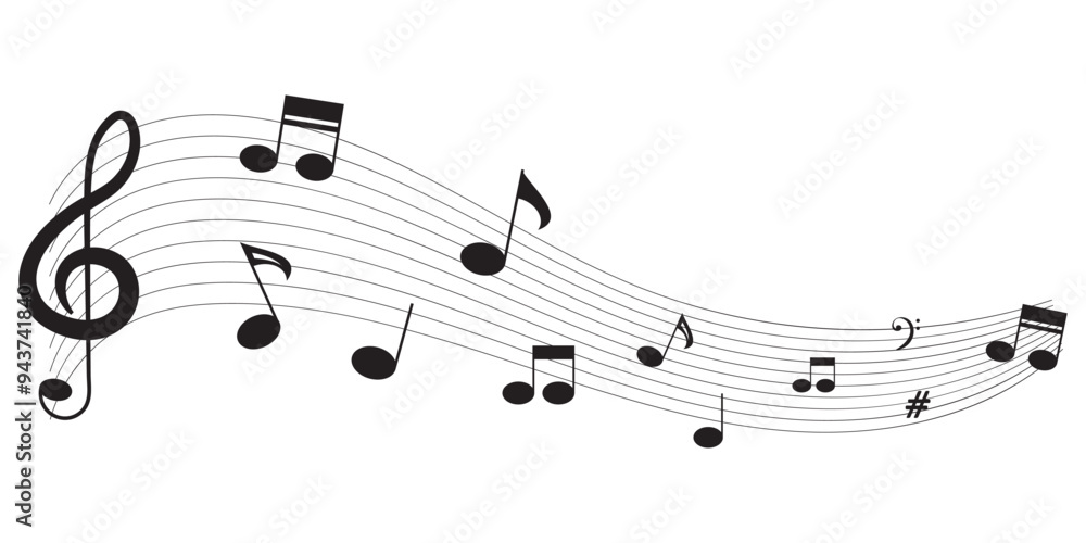 Music notes. Musical notes stave line pattern symbols icon. Treble clef and notes for black design on a white background. Symbol with music notes illustration. Music notes. Musical notes stave line pattern symbols icon. Treble clef and notes for black design on a white background. Symbol with music notes illustration.