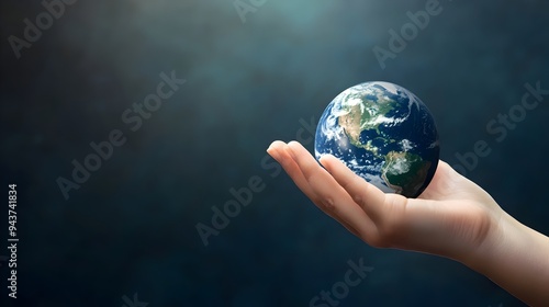 Hand gently holding a small model of planet Earth symbolizing global responsibility environmental conservation and a commitment to a sustainable future  Minimalist studio shot with copy space