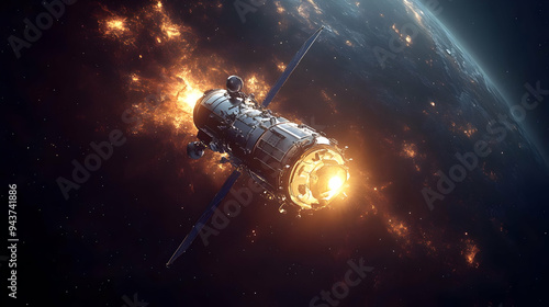 A spacecraft with fiery thr...