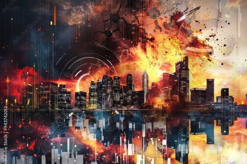 Fototapeta premium Cityscape at Sunset with Dramatic Sky