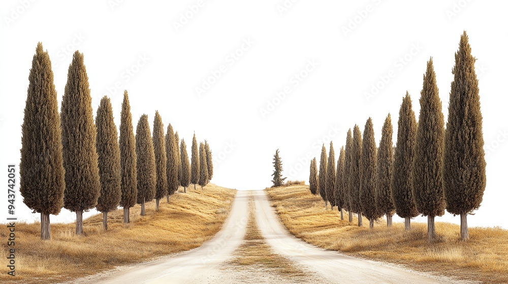 Fototapeta premium A road with a row of cypress trees, classic and elegant, Mediterranean landscape, isolated on white background