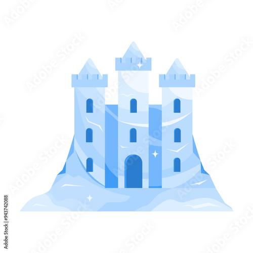 Ice sculpture of medieval castle with towers, palace of fairytale kingdom vector illustration