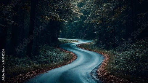 Winding forest road leading into the unknown symbolizing the journey of adventure discovery and through the lush mysterious landscape