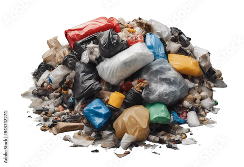 Collection of domestic household trash and rubbish piles isolated on transparent background