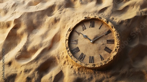 Eroding Time A Sand Clock Symbolizing the Ephemeral Nature of Existence This conceptual image depicts a clock face made entirely of sand