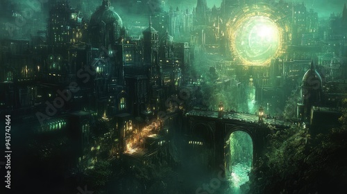 A fantasy city with an ancient atmosphere, where a glowing portal hints at time travel and adventure