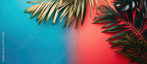 Palm leaves are arranged on...