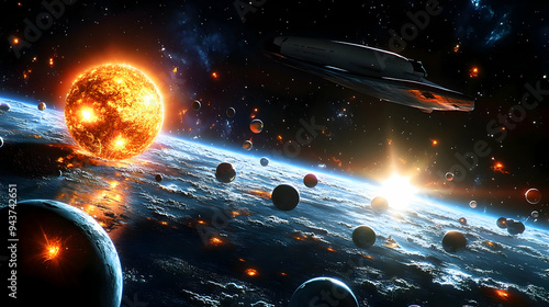 A spaceship flies past a fi...