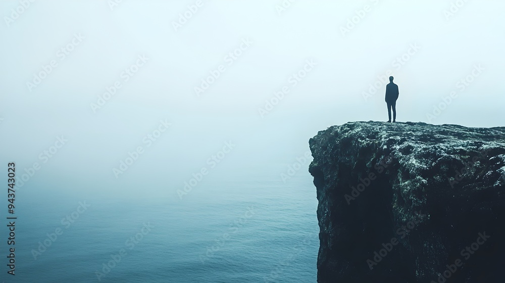 A lone figure stands at the precipice of a towering cliff facing the vast endless expanse of the open sea A lone figure stands at the precipice of a towering cliff facing the vast endless expanse of the open sea