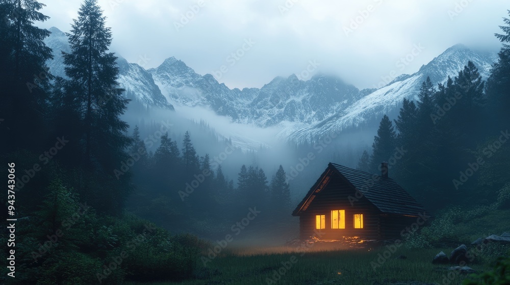 Fototapeta premium A glowing wooden house in the forest, with foggy mountains adding depth to the background.