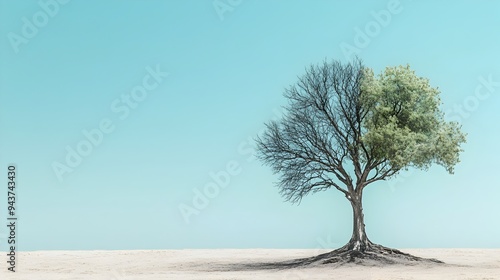 A tree with one side flourishing and the other side barren symbolizing the duality and contrast of life growth and decay in the natural world