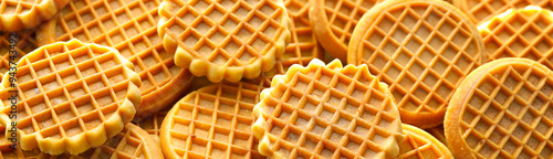 Top view of many waffle baked eggo households favored frozen eggo waffles. Waffles as background. Banner, advertisement, template. photo