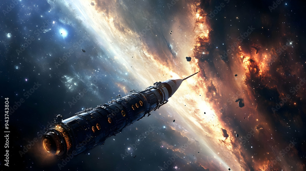 A spaceship travels through a nebula filled with stars and asteroids. A spaceship travels through a nebula filled with stars and asteroids.