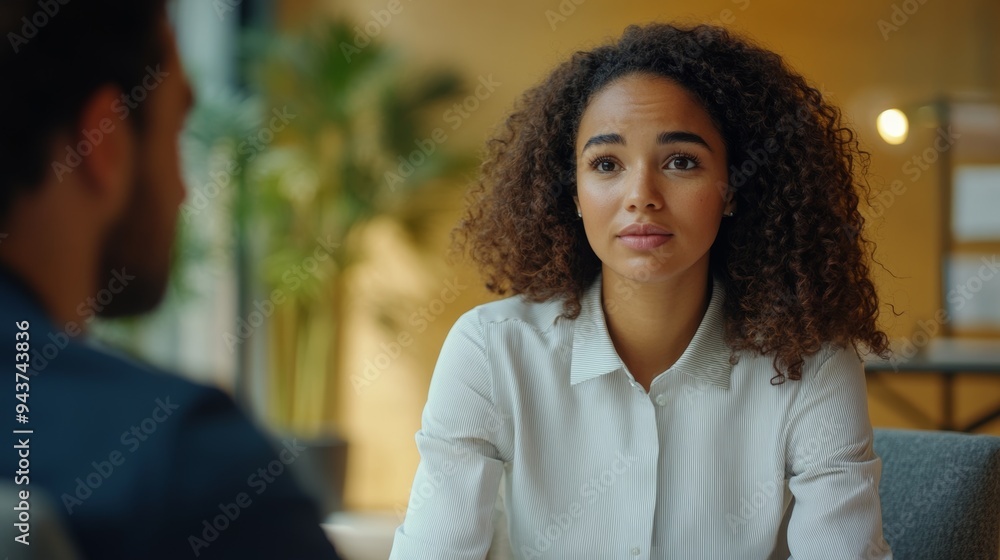 modern job interview, a focused latinx hr specialist interviewing a candidate in a chic conference room, featuring modern furniture and a clean, open design for communication modern job interview, a focused latinx hr specialist interviewing a candidate in a chic conference room, featuring modern furniture and a clean, open design for communication