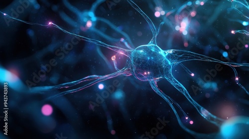 Abstract Blue Neuron Cell with Glowing Synapses - 3D Medical Illustration.