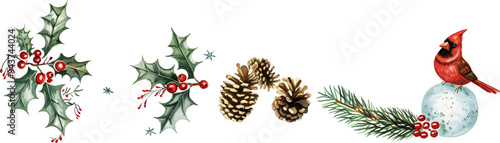 Set of festive Christmas illustrations featuring cardinal, lanterns, holly, pine cones, and winter decorations on a transparent background, perfect for holiday designs and seasonal decor