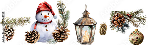 Set of winter holiday elements featuring a snowman, lantern, pine cones, bauble, for festive Christmas decorations and seasonal celebrations