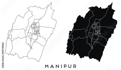 Manipur map of regions districts vector black on white and outline
