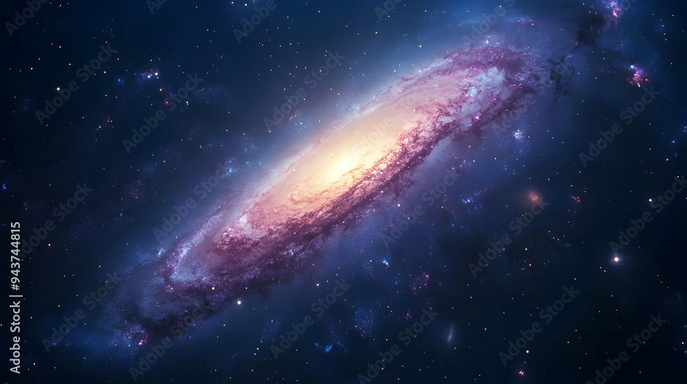 A spiral galaxy with a bright core and a faint halo of stars. A spiral galaxy with a bright core and a faint halo of stars.