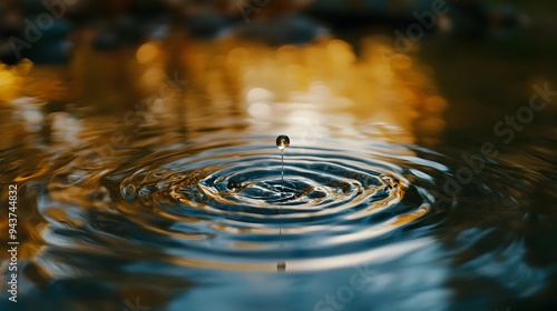 A single droplet creating ripples in a pond symbolizing the ripple effect of actions and the impact that even small things can have The tranquil