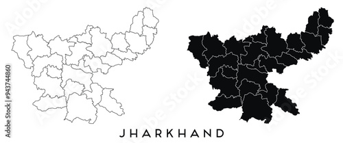 Jharkhand map of regions districts vector black on white and outline