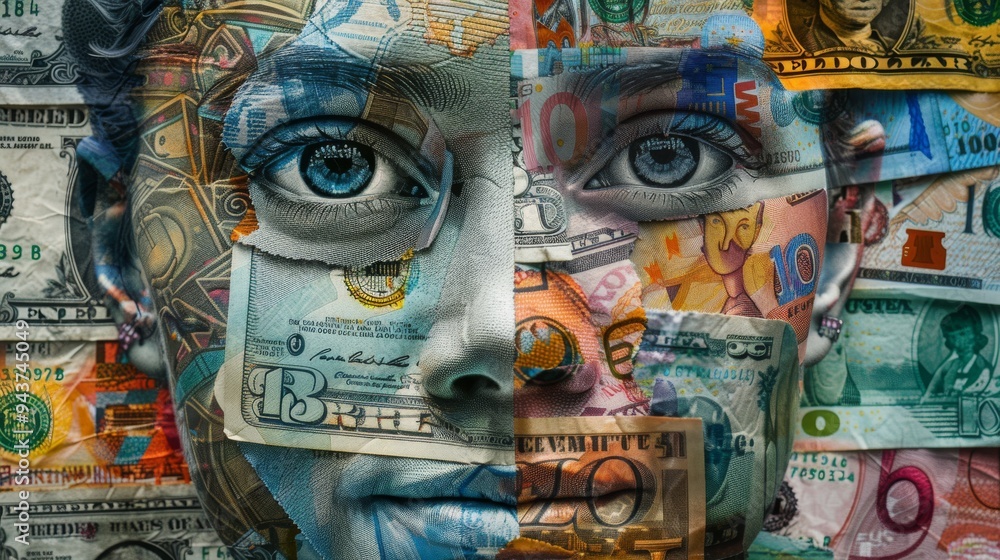 Human face designed using a collage of different currencies, highlighting the blend of textures and patterns Human face designed using a collage of different currencies, highlighting the blend of textures and patterns