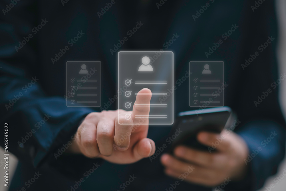 Hr, HRM, Human resources management concept. Check resume, Screening employee information, job applicants, Employees must complete the online survey form, answer the test questions Hr, HRM, Human resources management concept. Check resume, Screening employee information, job applicants, Employees must complete the online survey form, answer the test questions