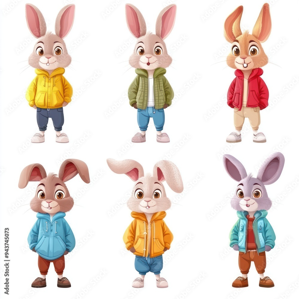 Naklejka premium A collection of cartoon rabbits in various colorful outfits.