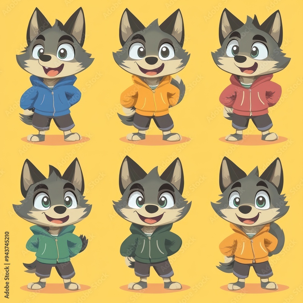 A colorful cartoon wolf character in various outfits and poses. A colorful cartoon wolf character in various outfits and poses.