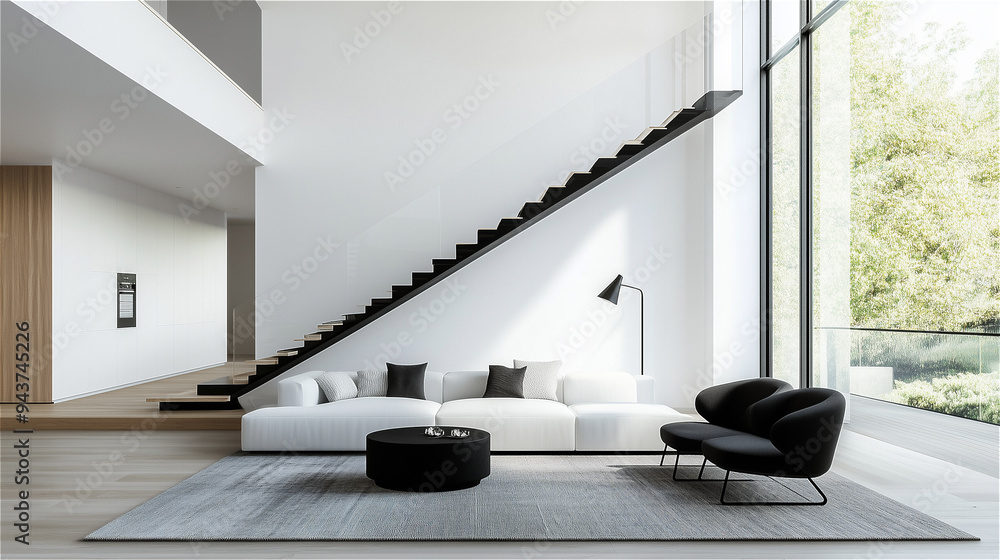 Living room with white wall and modern furniture, 3d modeling ...