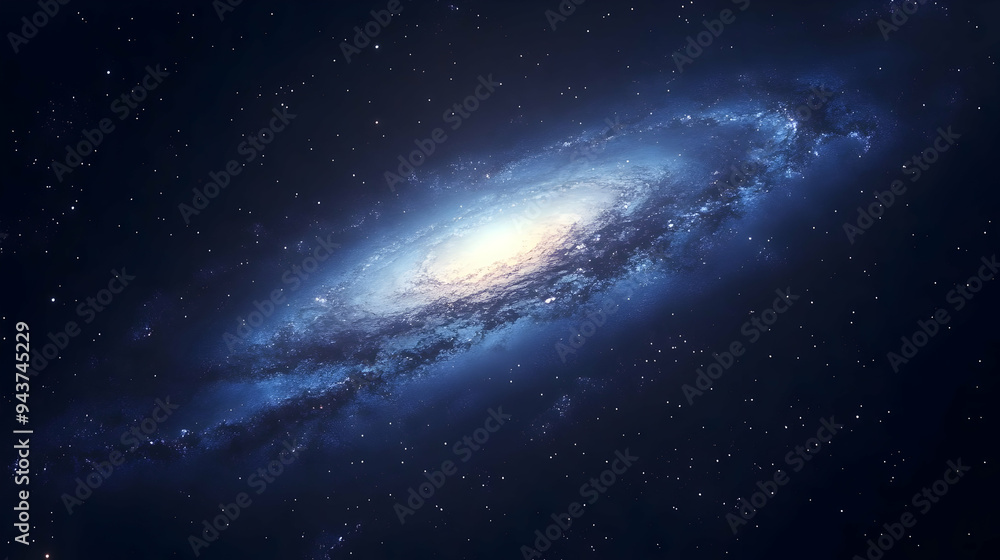 A spiral galaxy with a bright core and scattered stars against a dark blue background. A spiral galaxy with a bright core and scattered stars against a dark blue background.