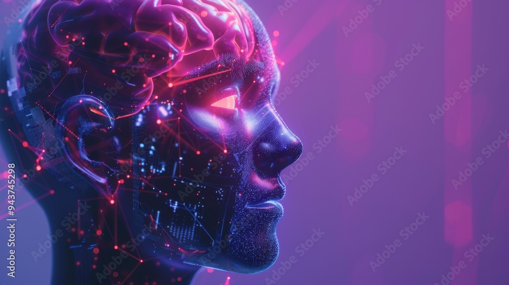 Human head featuring a brain that glows with futuristic lights, contrasted with a modern, tech-oriented background Human head featuring a brain that glows with futuristic lights, contrasted with a modern, tech-oriented background
