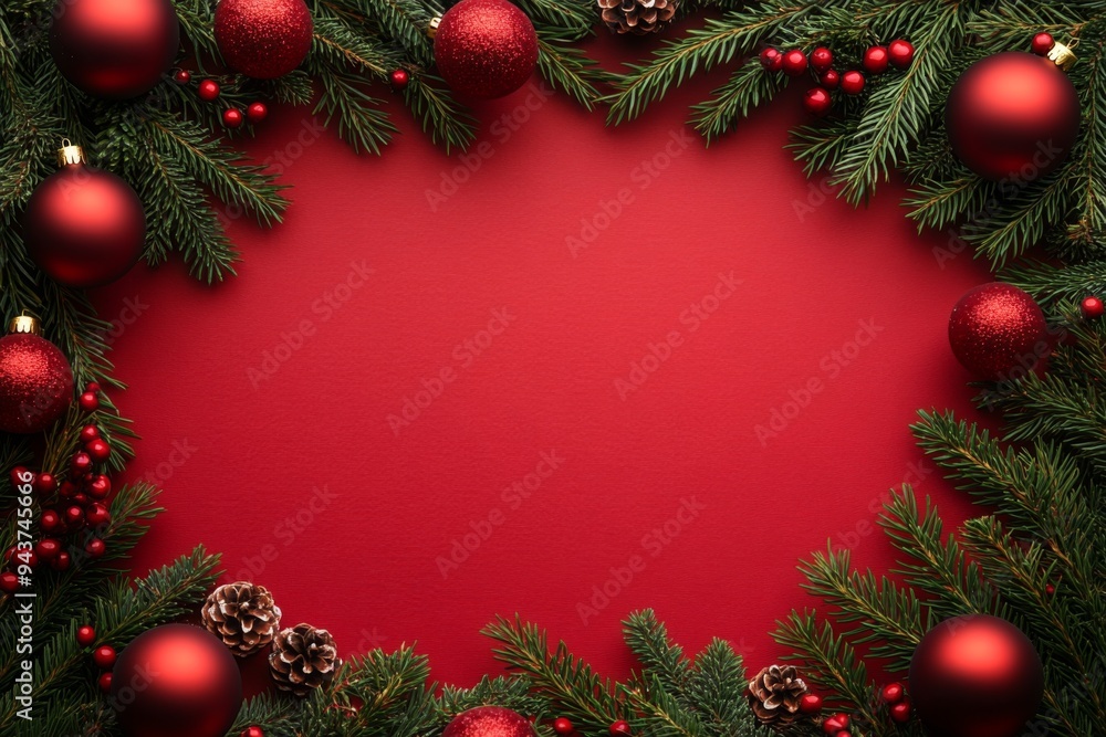 Red background with spruce branches and Christmas balls Red background with spruce branches and Christmas balls
