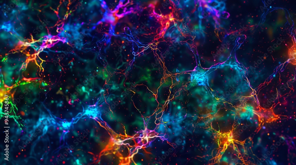 Hyper-detailed synapse activity, colorful neuron signals Hyper-detailed synapse activity, colorful neuron signals