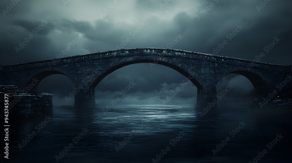 Fototapeta premium Symbolic bridge spanning over dark tranquil waters representing the crossing of difficult times and challenges The image provides ample copy space for text overlay or messaging