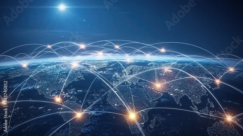 Global network connections illuminated over Earth at night showcasing vibrant city lights and satellite communication lines