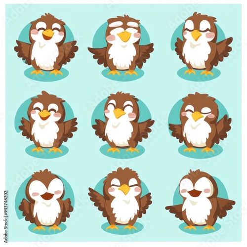 A colorful illustration of cartoon owls expressing various emotions in a grid layout.