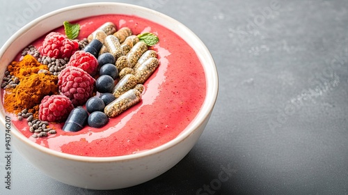 Smoothie Bowl with Raspberries, Blueberries, Chia Seeds, Turmeric, and Supplements